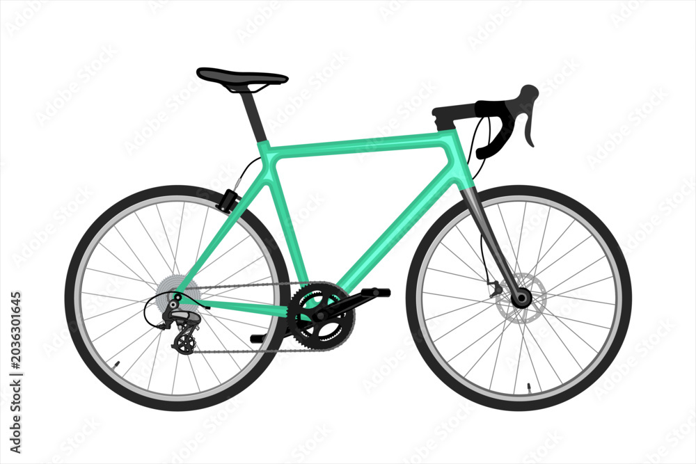 Fototapeta premium Vector illustration of a modern mint green gravel bike with drop bars and disc brakes, isolated on a white background.