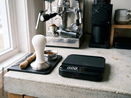 Black Digital Coffee Scale and Professional Espresso Tamper on Barista Station with Espresso Machine.