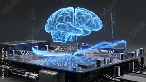 Futuristic hologram brain above processor chip AI technology concept