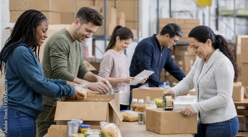 Volunteers assembling charity care packages