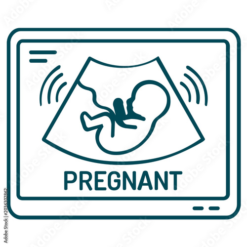 Vector icon illustration of a medical ultrasound screen showing a developing fetus in the womb, representing pregnancy monitoring, prenatal care, and diagnostic imaging in healthcare services.