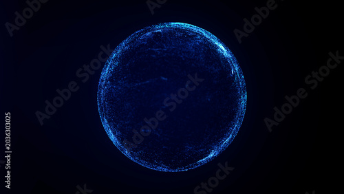 Glowing blue particle sphere made of fine digital dots on a dark background, ideal for AI, data network, science, technology and futuristic visualization themes.