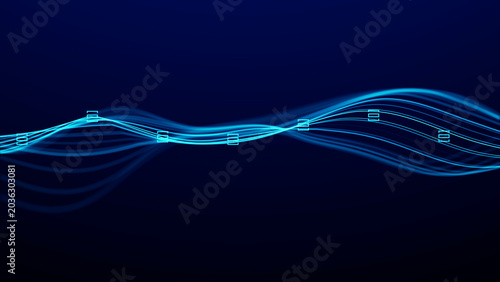 Glowing blue wave lines with digital markers flow across a dark background, creating a clean data signal aesthetic for corporate technology, communication and interface visuals.