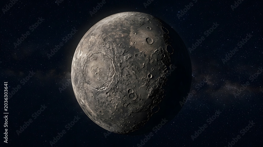 Fototapeta premium Cratered surface of a moon like celestial body in space