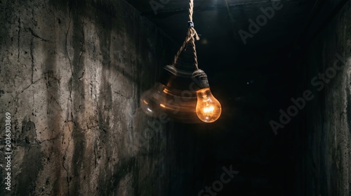 Glowing vintage incandescent light bulb swings and creates motion blur against dark concrete wall