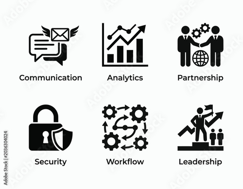 Business Concept Icons Displaying Communication Analytics Partnership Security Workflow Leadership