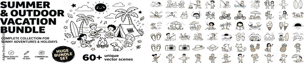 Fototapeta premium Summer and outdoor vacation bundle, 60 unique vector scenes, hand drawn doodle icons for camping and beach holidays