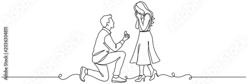 Photos Minimalist continuous one-line drawing of a man kneeling to propose marriage to a surprised woman