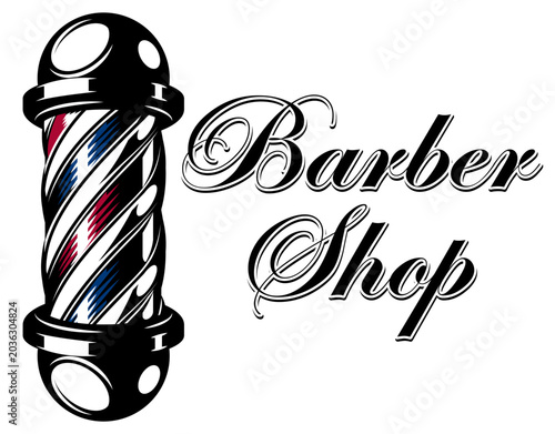 Classic barber shop pole with red, white, and blue stripes alongside elegant 