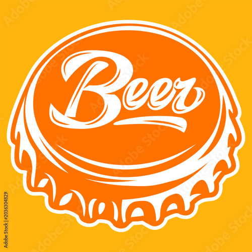 Retro Beer lettering on a vibrant orange bottle cap graphic isolated on a bright yellow background.