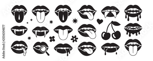 Bilde på lerret Collection of expressive black mouth silhouettes with tongues and vampire fangs vector clip art