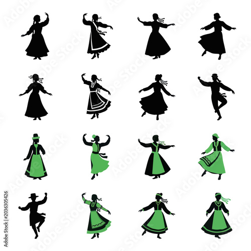 Fotografía Set of Traditional Folk Dancers in Silhouette and Green Outfits
