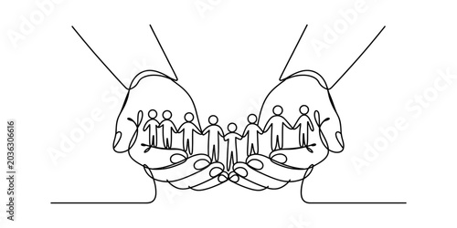 Hands holding a line of people figures, single line drawing, representing unity and community Vector, illustration