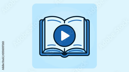 A blue icon showing an open book with a play button symbol in the center