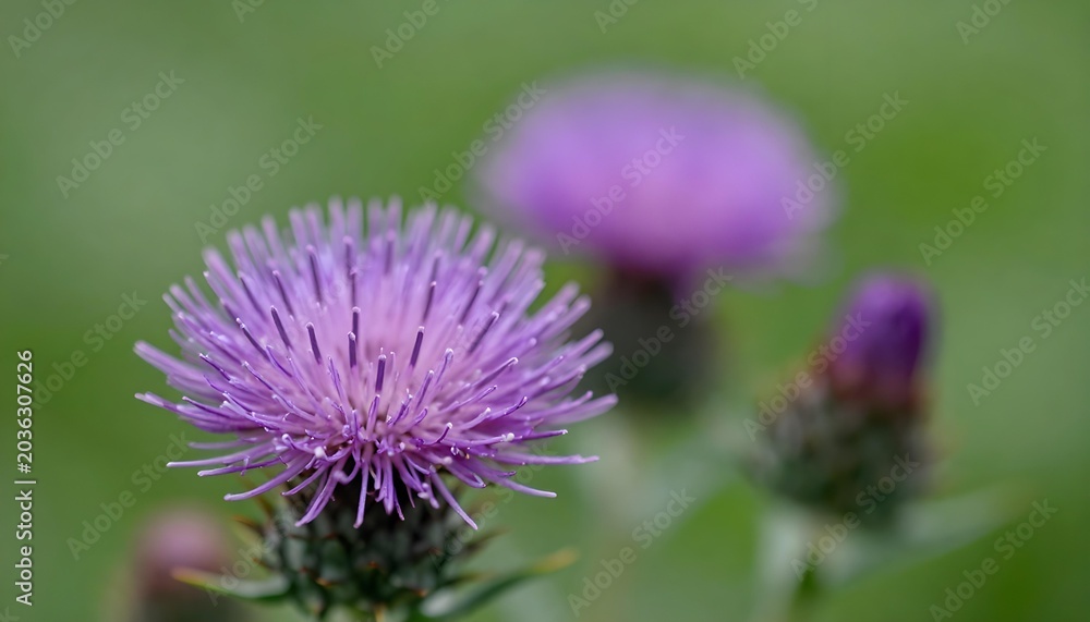 Fototapeta premium Close-up of vibrant purple thistle flowers with soft focus background