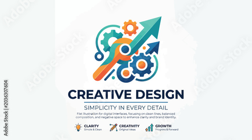 A colorful abstract graphic showing mechanical gears and upward arrows for business