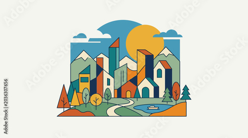 A colorful flat illustration of a modern city landscape with mountains and trees