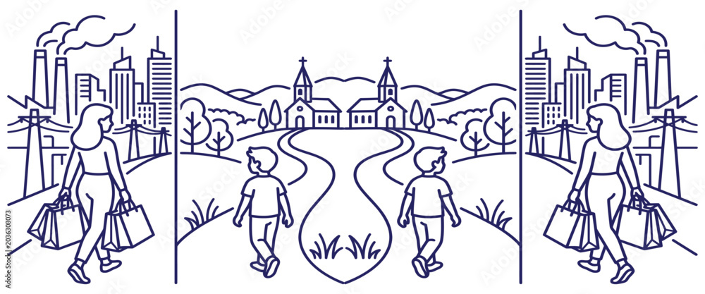 Obraz premium Complex mirror illustration comparing urban city life with rural mountain landscape featuring people walking along paths toward different destinations.