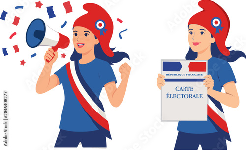 Fotografie Élections municipales et présidentielle, Marianne française coiffée du bonnet phrygien tenant une carte d’électeur, illustration infographique sur le vote et la démocratie en France