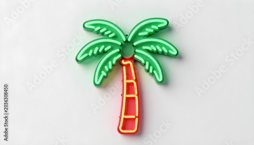 Vibrant neon palm tree sign glowing brightly on a clean white background