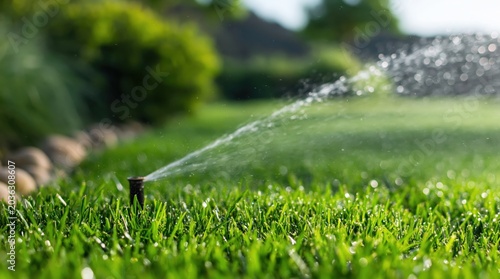 Sprinkler watering green grass lawn in sunny summer backyard garden irrigation