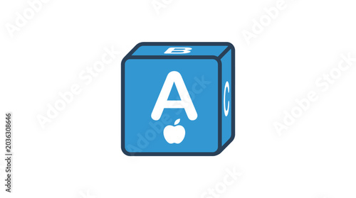 A blue toy block with a white letter and a fruit icon on the side
