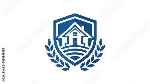 A blue shield icon featuring a house symbol and decorative leaves