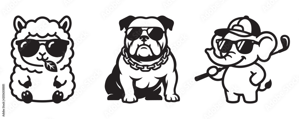 Obraz premium Vector illustration of black and white vector illustration of animals wearing sunglasses and accessories
