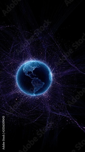 Digital earth sphere surrounded by glowing data streams
