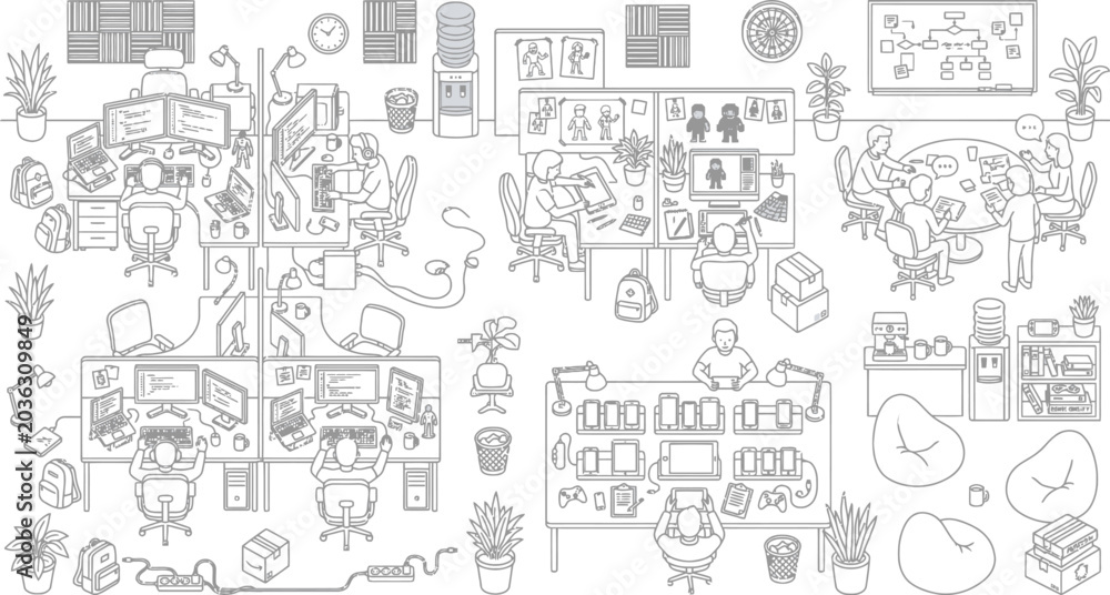 Fototapeta premium Modern office workplace layout and workspace planning icons with workplace