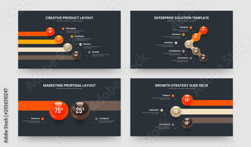Sales Report 4 5 2 3 Element Chart Slideshow Template Set. Company Introduction Four Five Two Three Option Infographic Presentation Layout Vector Illustration Bundle.