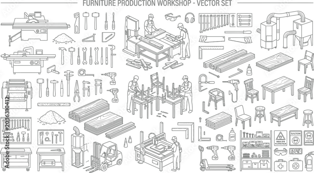 Fototapeta premium Industrial production workshop equipment and tools icon set with workshop