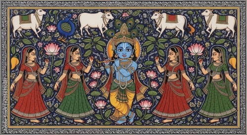Vibrant Indian Miniature Painting of Lord Krishna with Gopis and Cows.