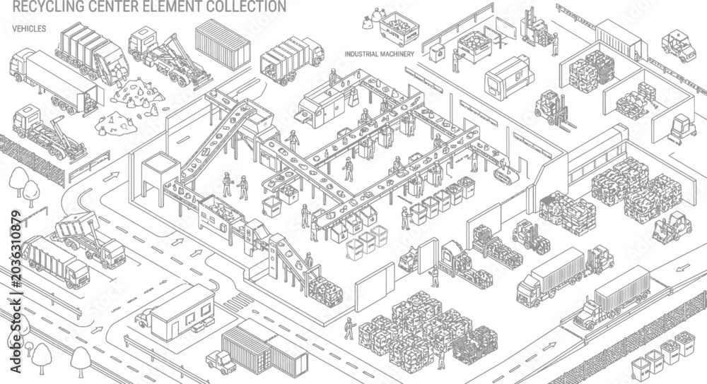 Fototapeta premium Isometric recycling center elements collection with workers and trucks, facility