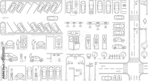 Top view collection of different car models and parking lot elements