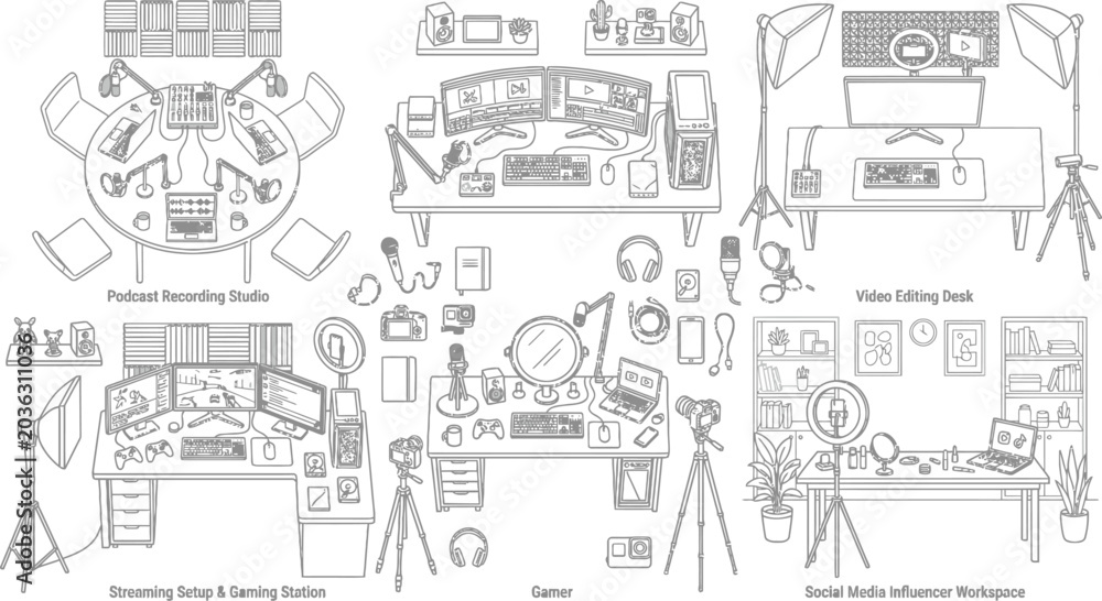 Naklejka premium Set of outline illustrations representing various content creator streaming