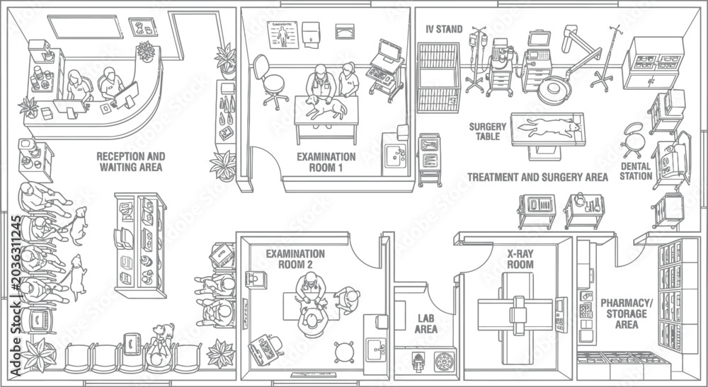 Fototapeta premium Detailed floor plan sketch of an office suite and workplace environment