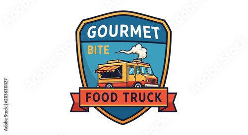 Gourmet food truck logo design with shield emblem and banner on white background