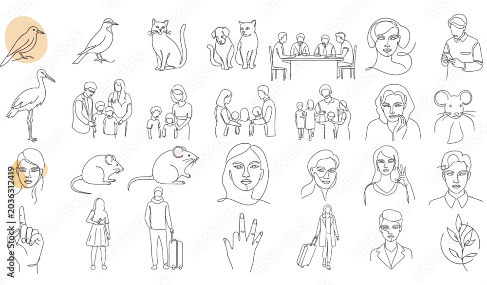 Fototapeta premium Continuous One Line Art Drawing Collection with Minimal Human Animal and Lifestyle Abstract Vector Illustrations