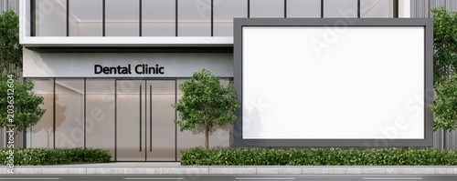 Modern dental clinic facade with  large blank rectangular billboard sign mounted on the building exterior