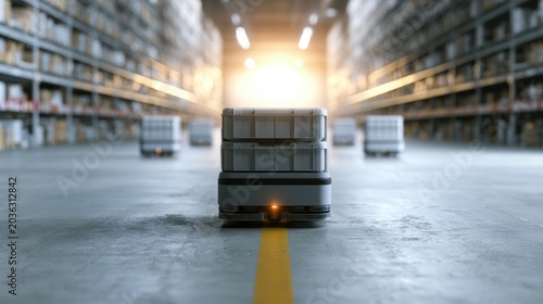 Autonomous robots transporting plastic crates through  spacious modern distribution warehouse aisle
