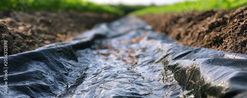 black plastic mulch film covering the moist soil in  cultivated agricultural field rows