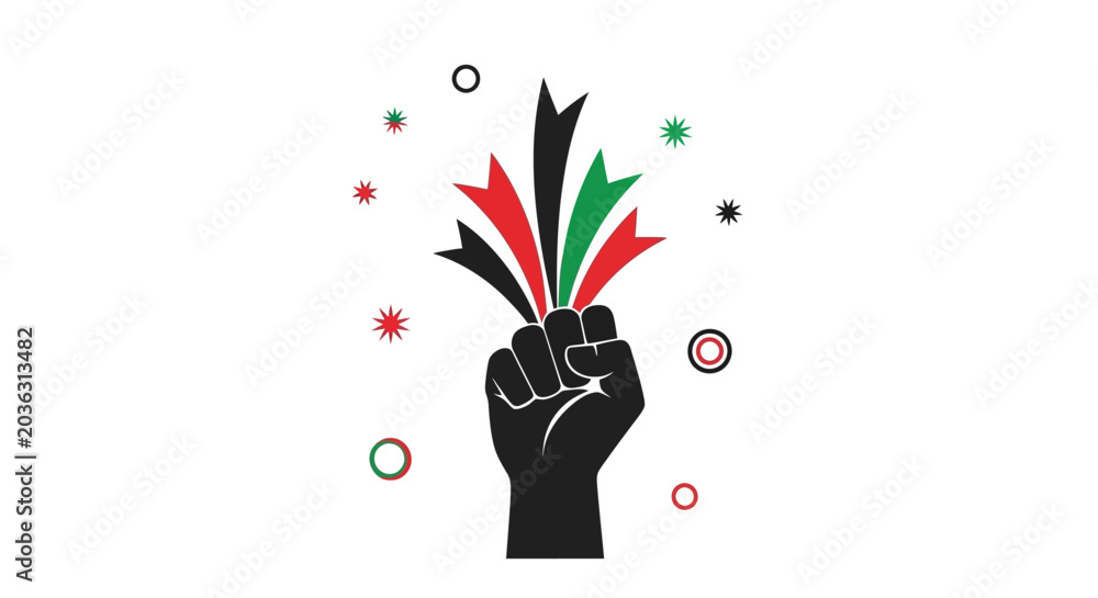 Obraz premium Colorful Fist Raised With Feathers Symbol of Power.