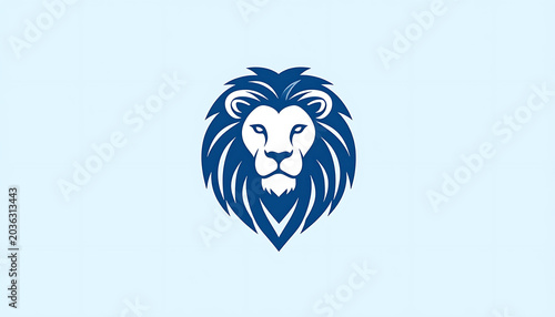Isolated lion head silhouette, regal emblem with blue mane and white face on light blue background, symbolizing strength
