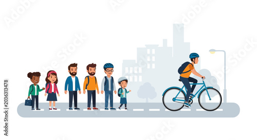 Cyclist Riding Past Group of Pedestrians on Street.
