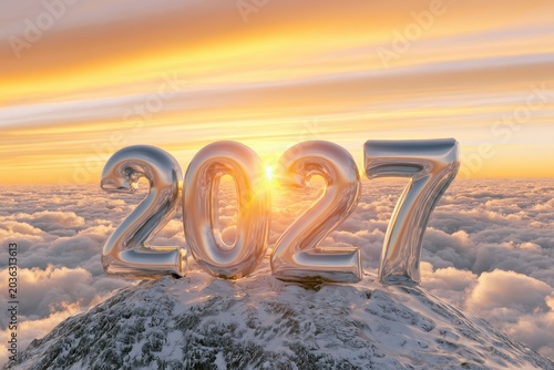 Large silver numbers representing 2027 standing on  snowy mountain peak at golden sunrise