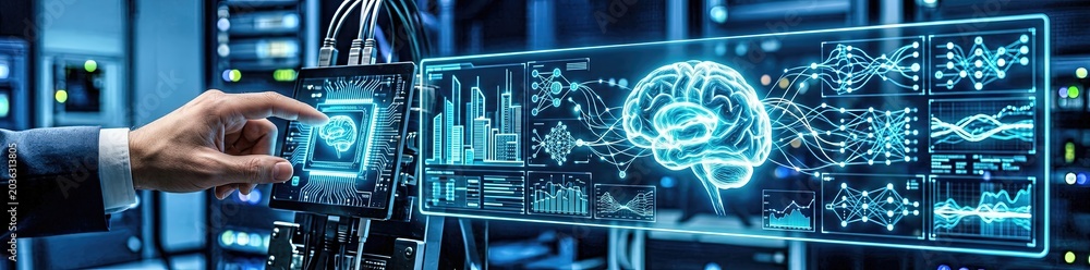 Fototapeta premium Innovative technology interface showcasing ai data analysis modern data center digital display futuristic environment close-up viewpoint artificial intelligence concept
