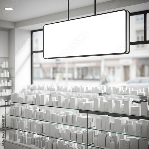 Blank White Hanging Sign Displayed Above Glass Shelves in Bright Modern Retail Store