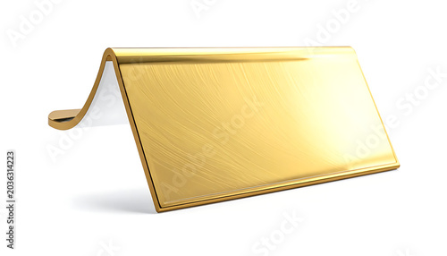 Isolated golden name plate sign with brushed texture, empty space for text on a clean white background