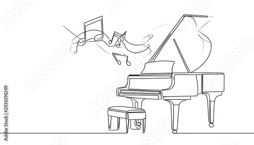 Isolated sketch of a grand piano with musical notes flowing, suggesting melody and performance